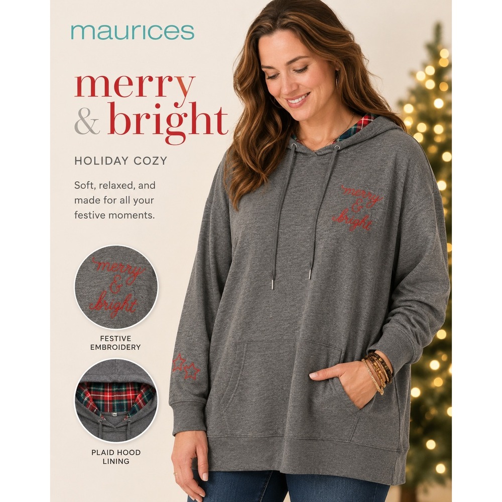 NEW Maurices Gray Merry & Bright Embroidered Hoodie Sweatshirt Women's Plus 4X